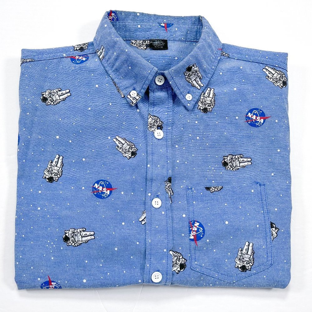 NASA Logo Shirt Small Button Down Short Sleeve Blue ASTRONAUTS Outer Space - Picture 1 of 4